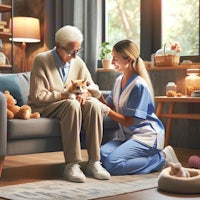 a nurse is petting an elderly woman with a teddy bear
