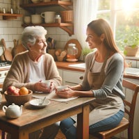 a woman talking to an elderly woman in a kitchen