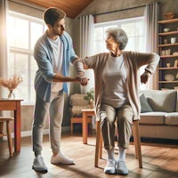 a man is helping an elderly woman in a living room