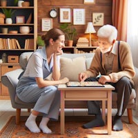 a woman and an elderly man playing a game of checkers in a living room
