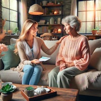 a nurse is talking to an elderly woman on a couch