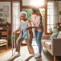a woman helping an elderly woman with a walker in a living room