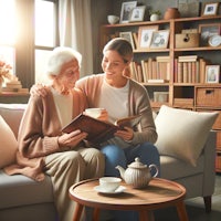 a woman is reading a book to an elderly woman in a living room