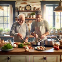 two elderly men preparing food in a kitchen