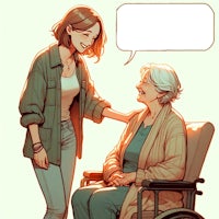 an old woman in a wheelchair talking to a speech bubble